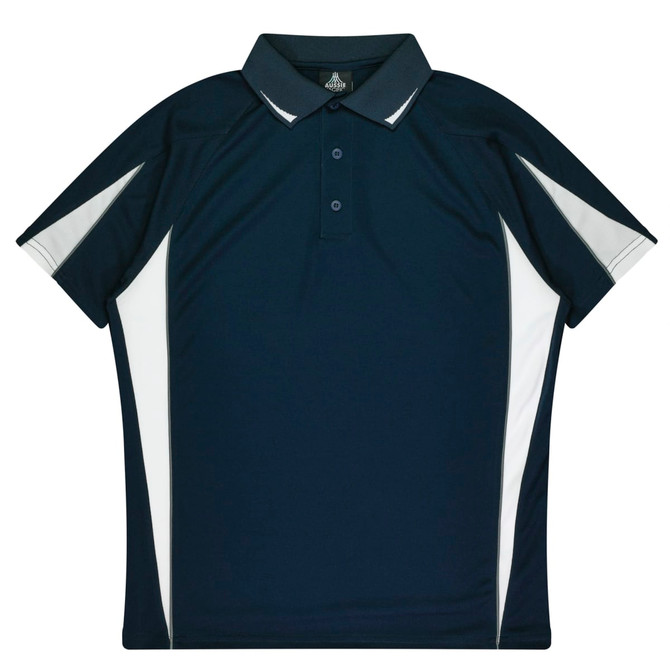 A navy blue polo shirt featuring grey accents and a collar. It has a logo on the garment.
