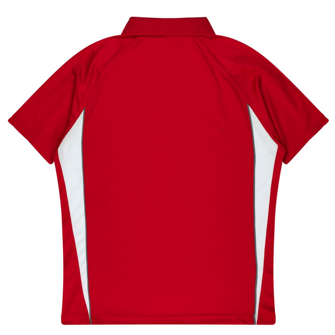 A red polo shirt featuring white side panels and a collar, displaying a logo on the back.