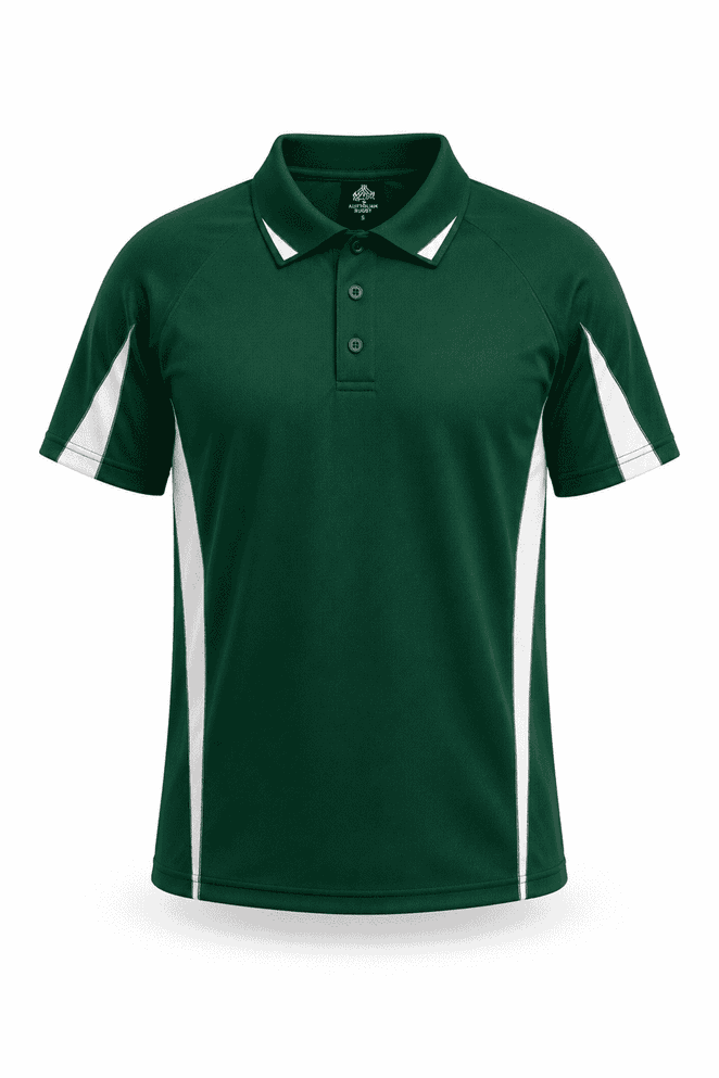 A green polo shirt featuring white side stripes and a logo, designed for kids.