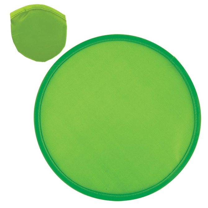 A green circular promotional product with a matching foldable cover. It features a simple design and includes a logo.