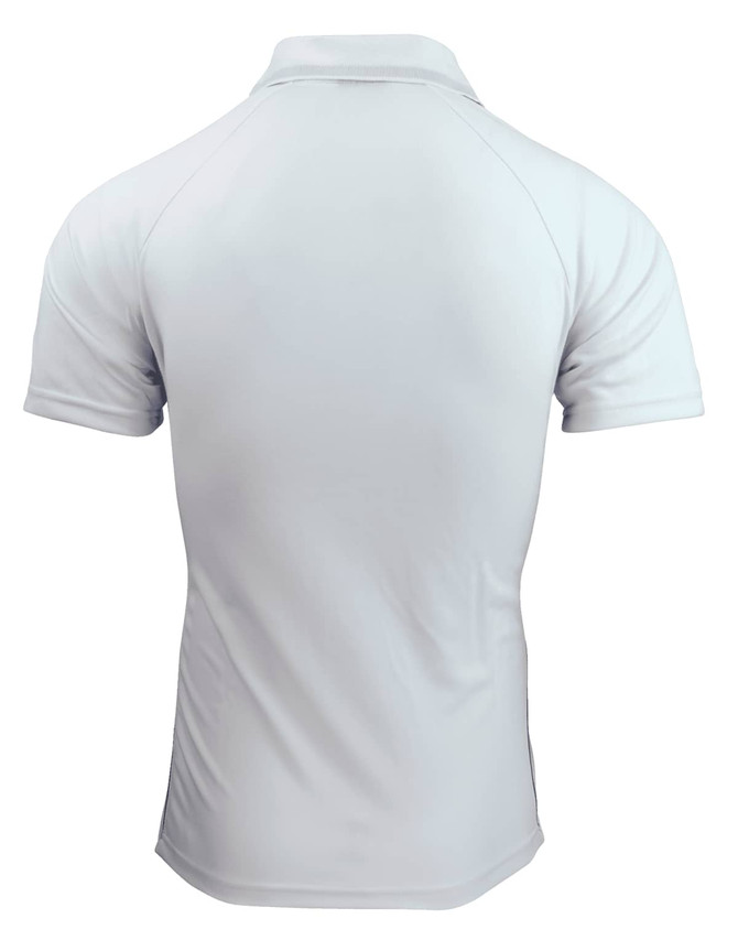 A light grey men's polo shirt featuring a back view, with a simple design and a logo on the side.