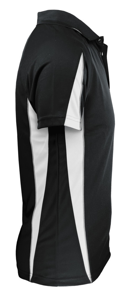 A black polo shirt with white side panel details and a classic collar. It has a logo on the front.