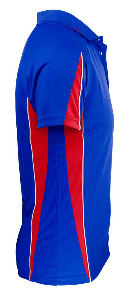 A blue polo shirt with red side panels and a logo on the chest.