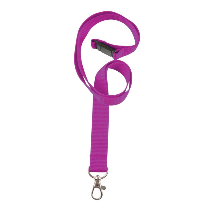 A woven lanyard in bright purple, featuring a clip and a plastic buckle.
