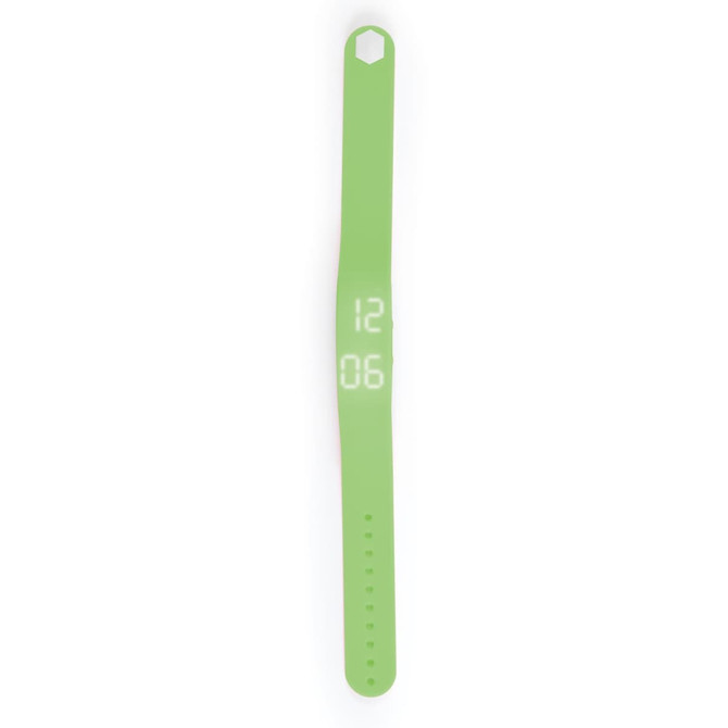 A green pedometer bracelet with a digital display for tracking steps and time, featuring a simple design.