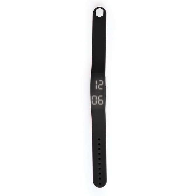 A Stride Pedometer Bracelet 2.0 displayed in a sleek black design with a digital clock feature.