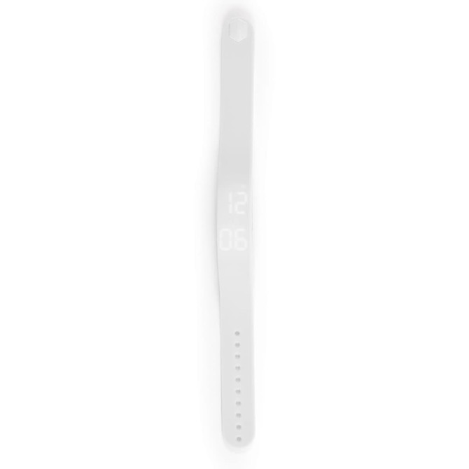 A white Stride Pedometer Bracelet 2.0 with a digital display and adjustable strap. It features a branding logo.