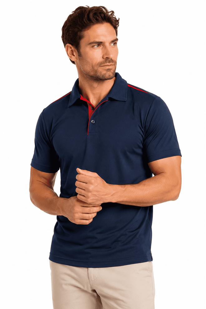 A navy blue polo shirt with red accents and a logo, featuring a classic collar and short sleeves.