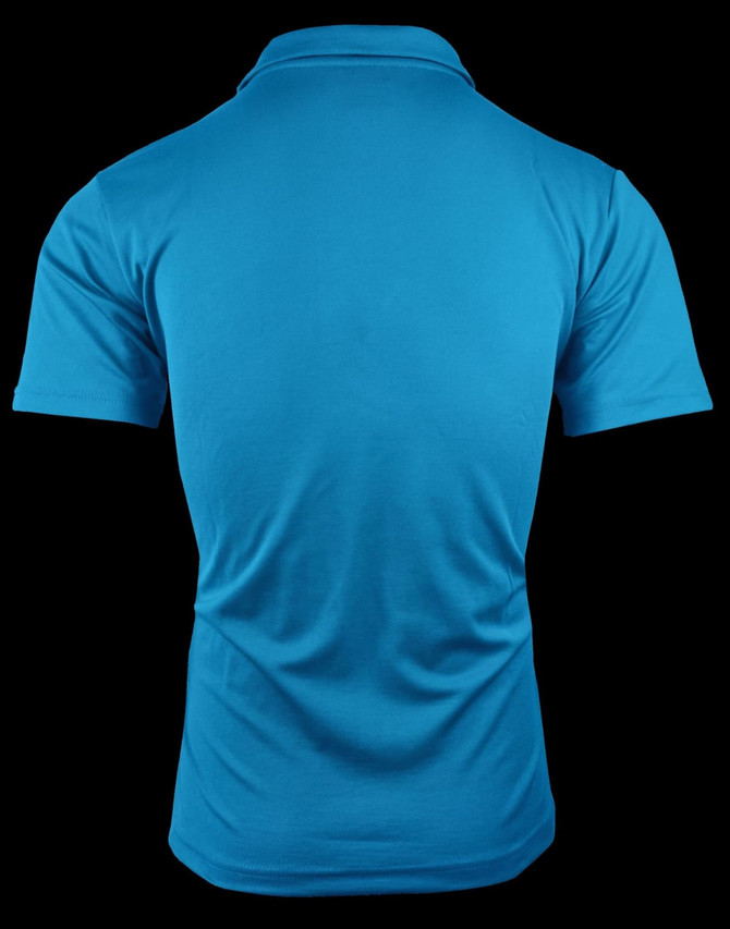 A blue polo shirt featuring a plain back design and short sleeves, suitable for men's wear.