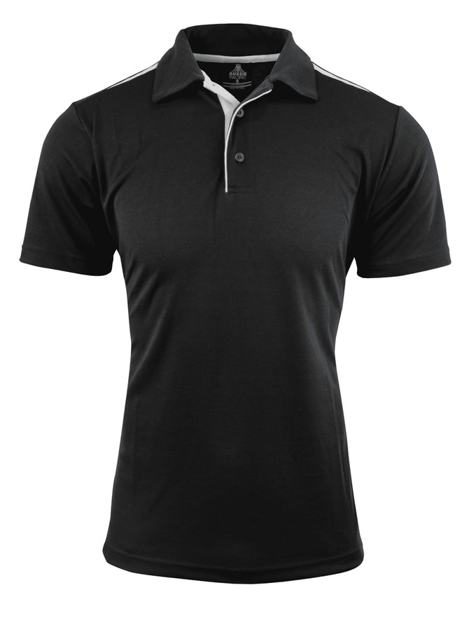 A black polo shirt with white accents and a three-button placket. Features a logo on the chest.