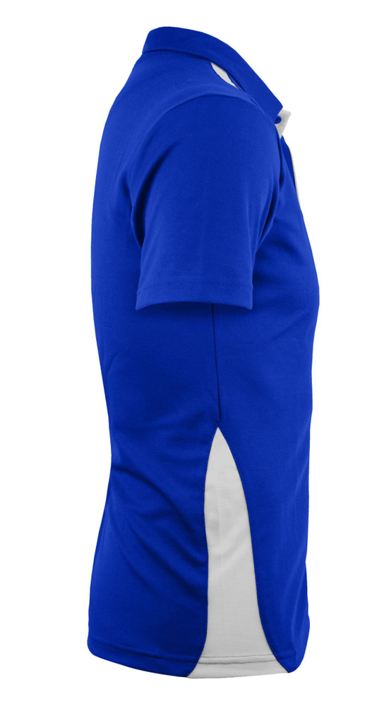 A blue polo shirt with white side panels, featuring a collar and short sleeves, showcasing a logo.