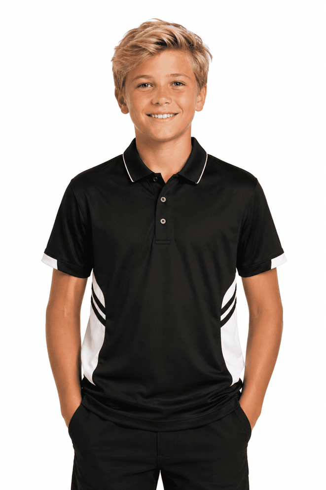 A black polo shirt with white accents, featuring a logo, modelled by a boy with blonde hair.
