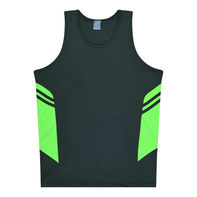 A green singlet featuring neon yellow panels on the sides, with a logo on the front.
