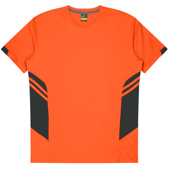 An orange T-shirt featuring black side panels and a logo on the label.