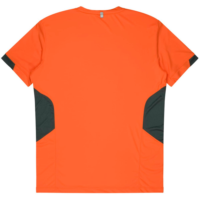 An orange t-shirt with dark grey accent panels on the sides and a simple design. It features a logo.