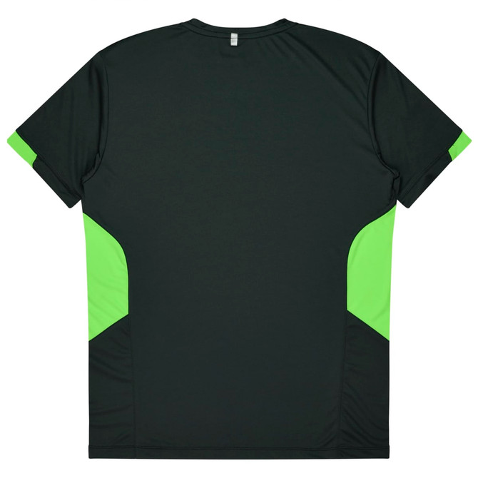 A black and bright green children's T-shirt featuring a logo on the back.