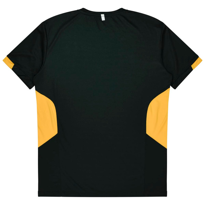 A T-shirt featuring a dark green body with yellow accents on the sides and back. It has a logo.