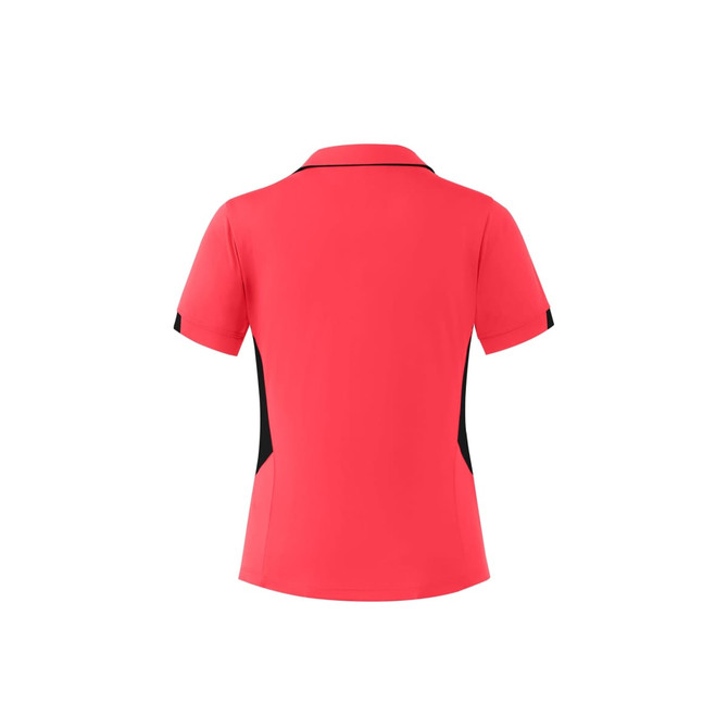 A women's polo shirt in bright pink with black side panels and a collar, featuring a logo.