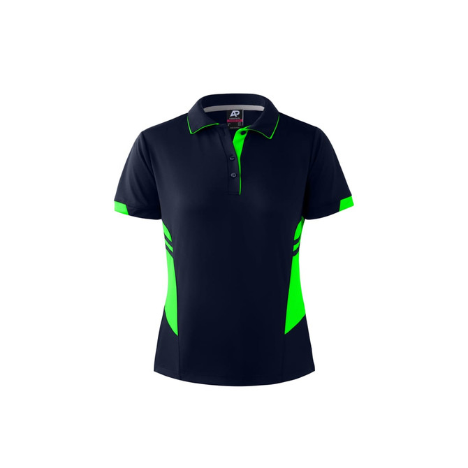 A navy polo shirt with vibrant green accents and a logo, featuring a classic collar and buttons.