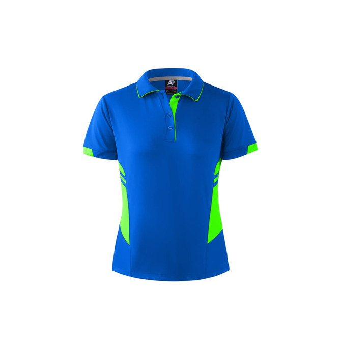 A blue polo shirt with neon green accents and a logo. It features a collared neck and short sleeves.