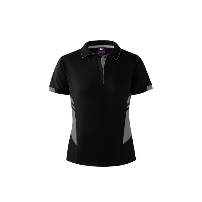 A black polo shirt with grey accents, featuring a collar and a logo on the front.