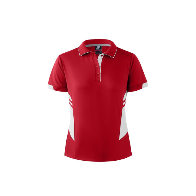 A red polo shirt with white accents and a subtle logo, featuring a classic collar and short sleeves.
