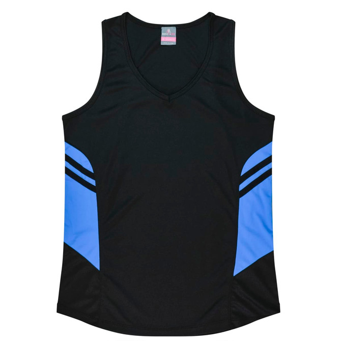 A black singlet with blue accents, featuring a v-neck design and a logo on the label.