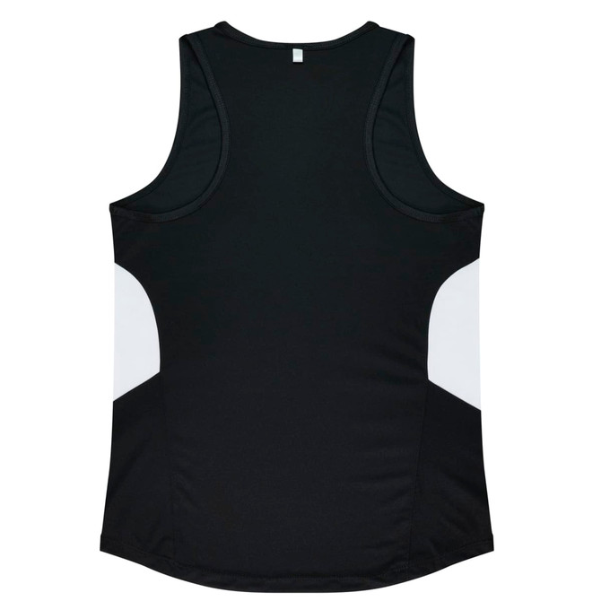 A black women's singlet with white side panels and a logo. The design is sporty and sleek.