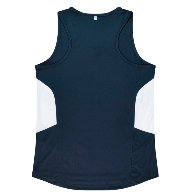 A dark navy singlet with white side panels and a small logo on the back.
