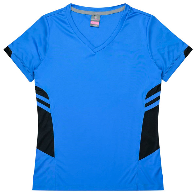 A blue women's t-shirt featuring black side panels and a v-neck design. The shirt includes a logo.