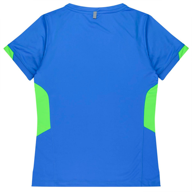 A blue T-shirt with green side panels and a logo on the back. Styled for women's wear.
