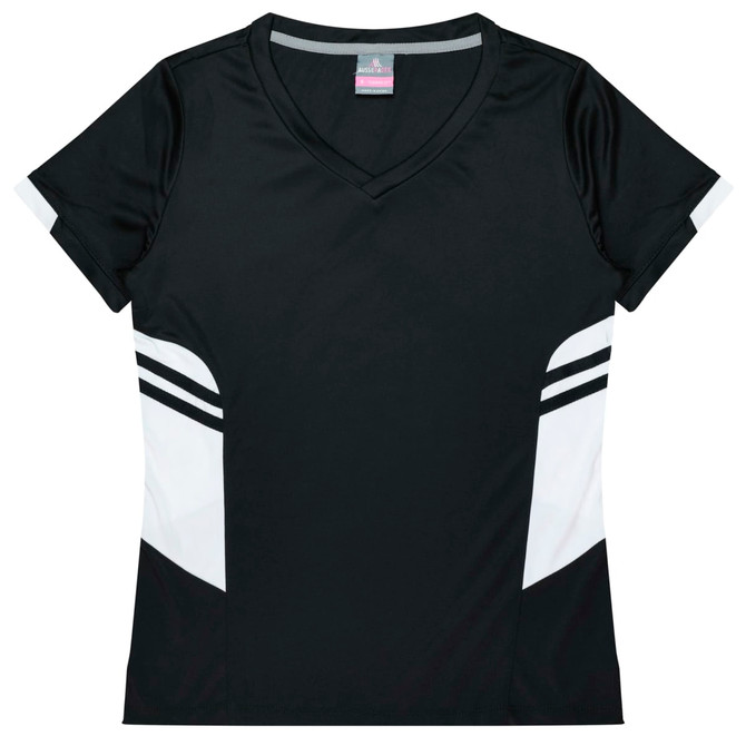 A black women's t-shirt featuring white side panels and a v-neck design, with a logo on the chest area.