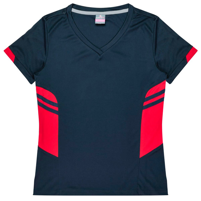 A navy and red women's T-shirt featuring a V-neck and contrasting side panels, with a logo.