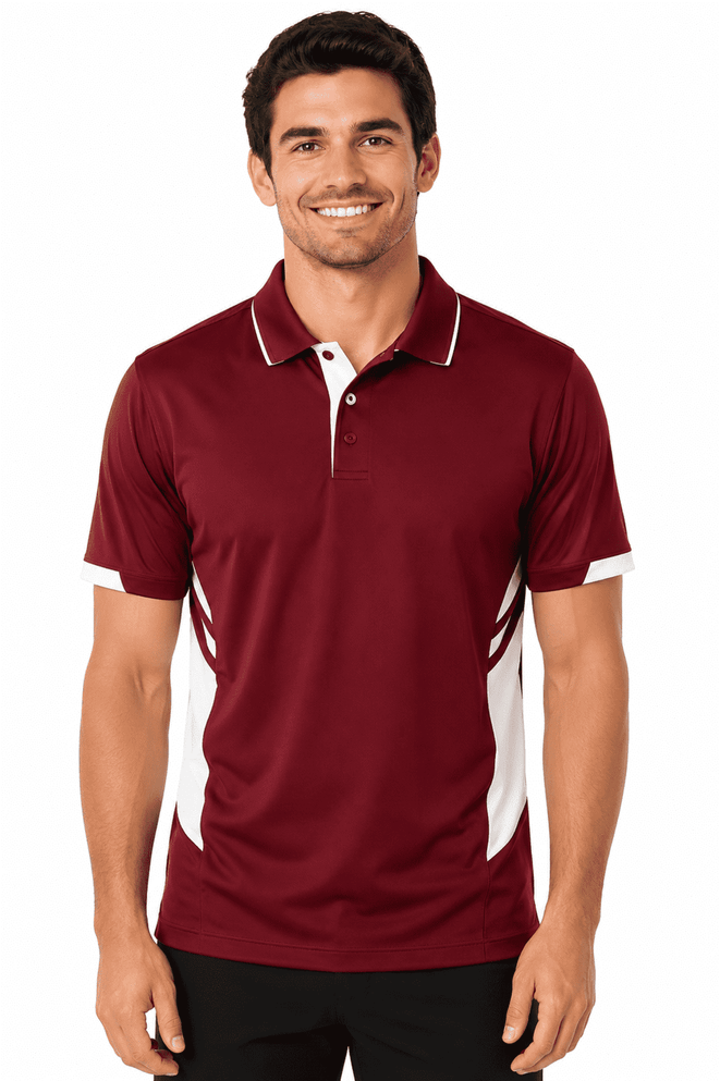 A maroon polo shirt with white side accents and a collar, featuring branding. Ideal for casual wear.