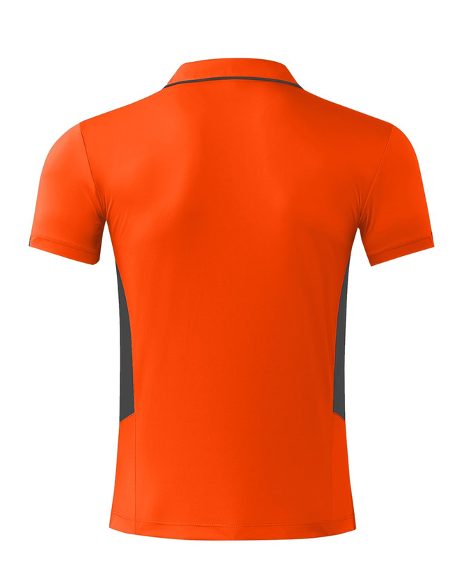 A bright orange men's polo shirt featuring grey accents and a logo on the back.