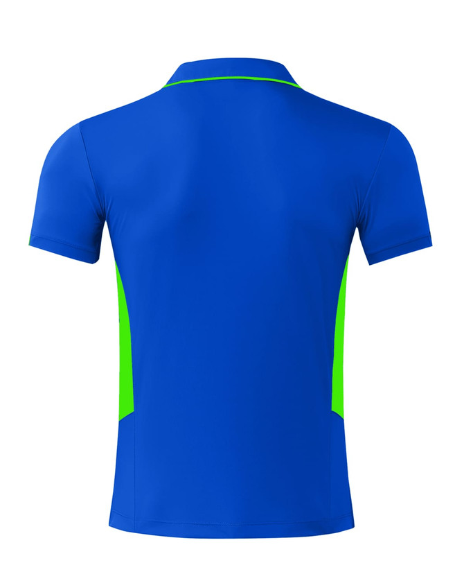 A blue polo shirt with green accents, featuring a logo on the back. Short sleeves and a classic collar design.