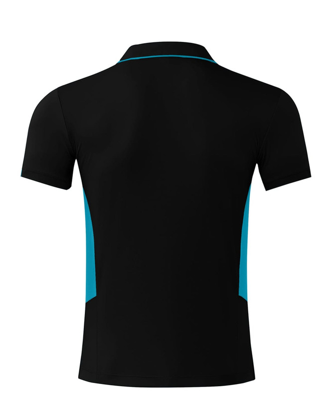 A black polo shirt featuring turquoise accents and a logo. The shirt has a classic fit with a collar and short sleeves.