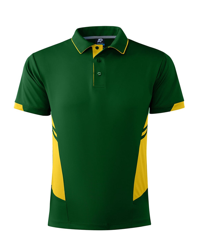 A green and yellow polo shirt featuring a logo, with contrasting stripes on the sides.