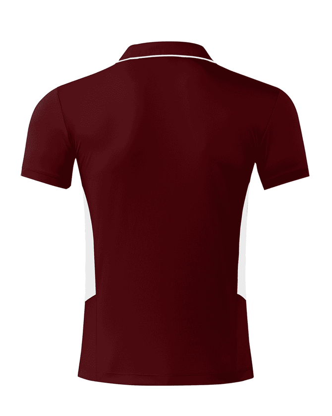 A maroon men's polo shirt featuring white side panels and a collar. The shirt has a logo on it.