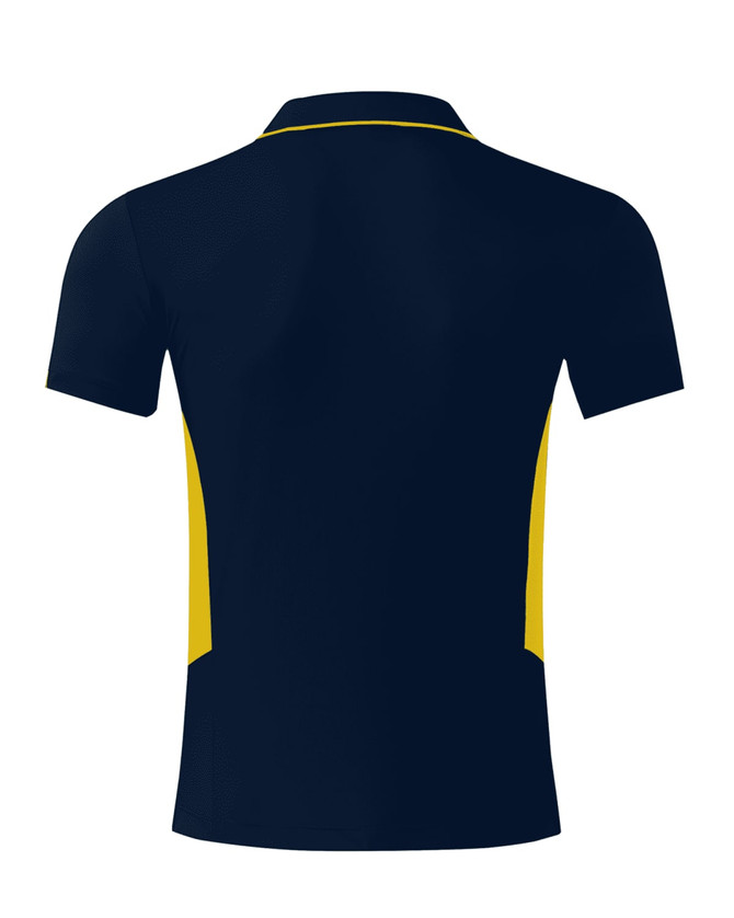 A navy blue polo shirt with yellow side accents and a collar, featuring a logo on the front.