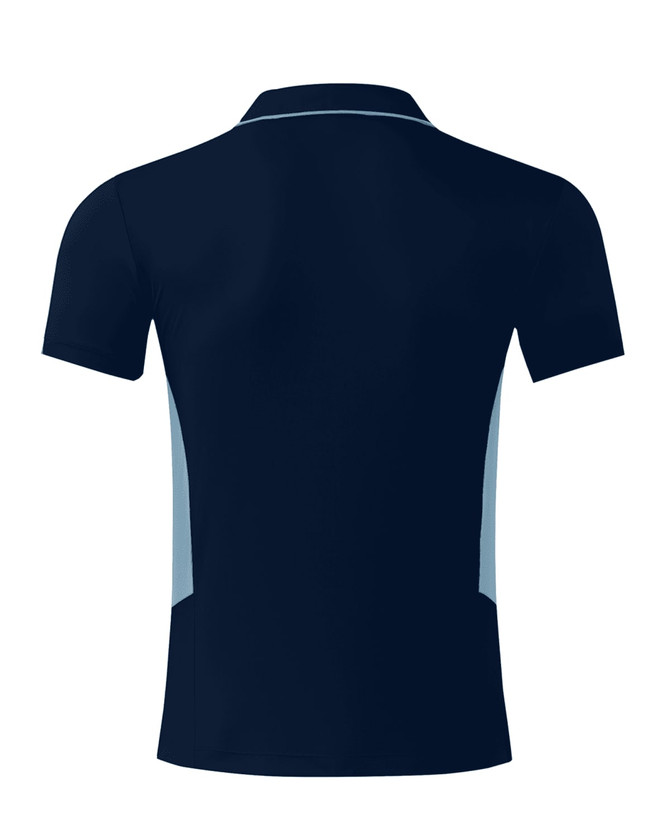 A navy blue polo shirt with light blue side panels and a collar. The shirt features a logo.
