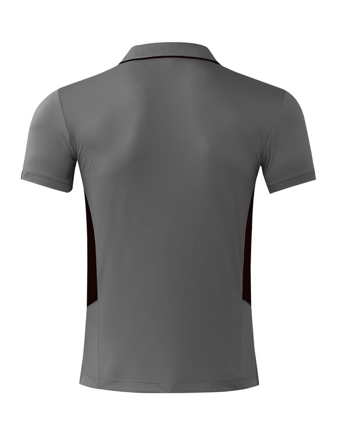 A grey polo shirt with black side panels and a collar, featuring a logo on the front.