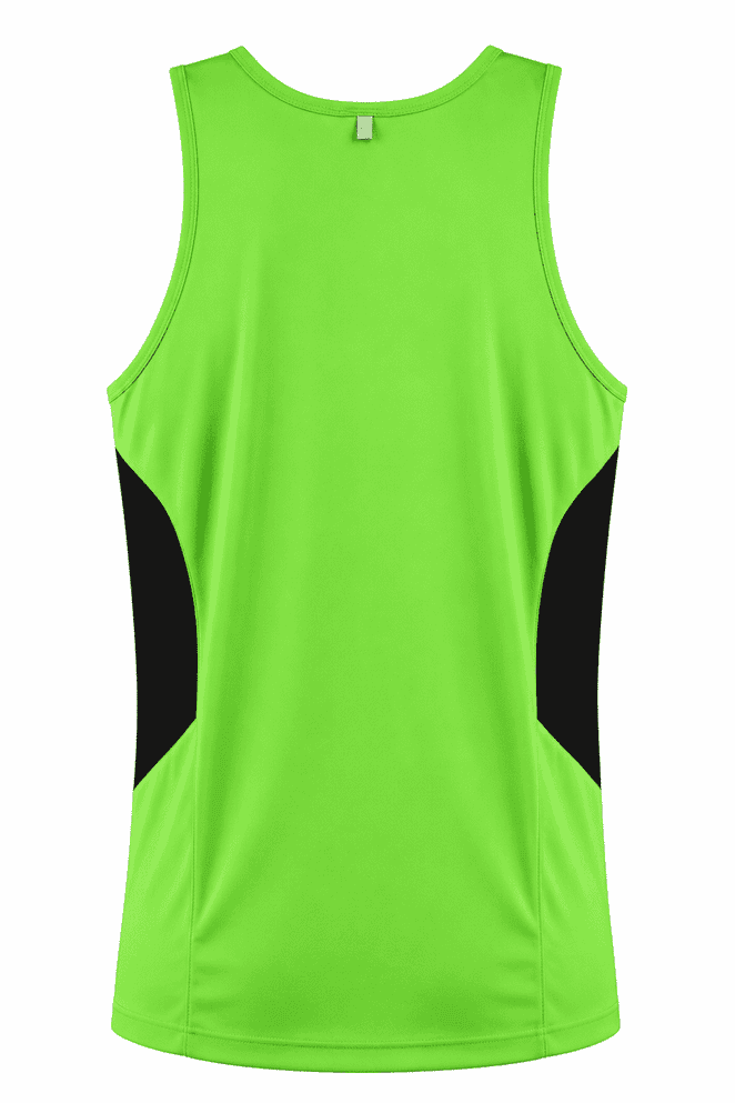 A vibrant green singlet with black side panels, featuring a logo on the back.