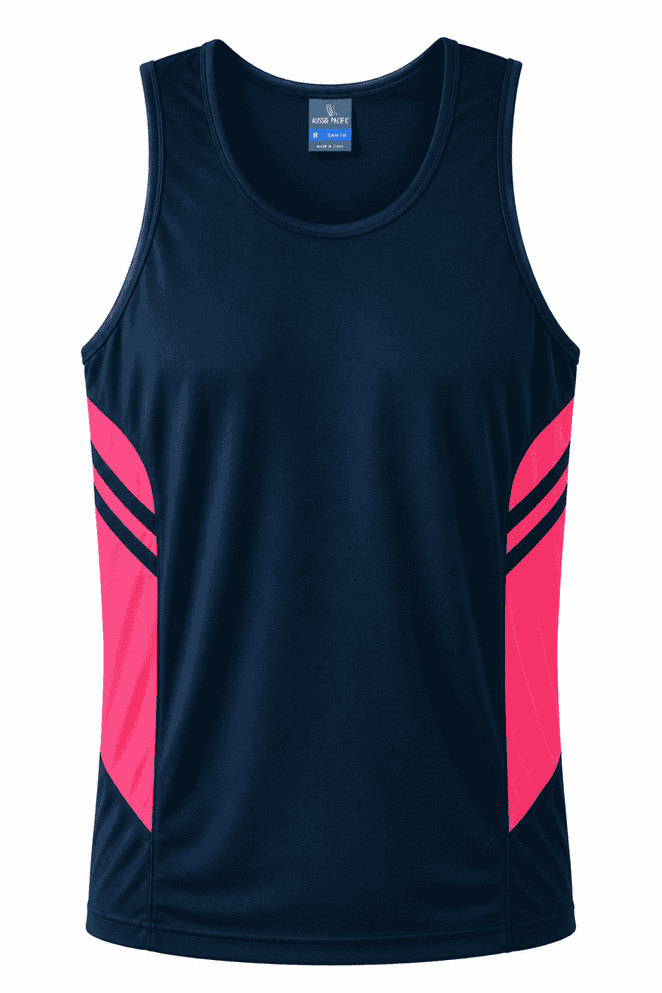 A navy blue singlet with pink side panels and a logo on the chest. Perfect for warm weather activities.