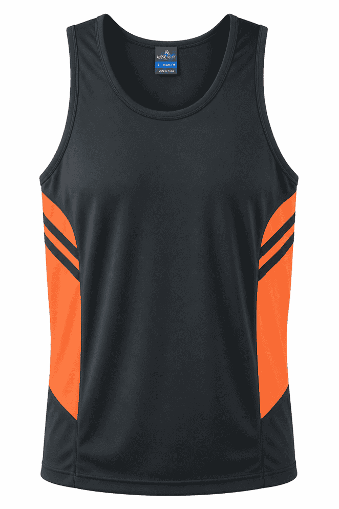 A black singlet with orange accents and a logo. Ideal for active wear or casual use.