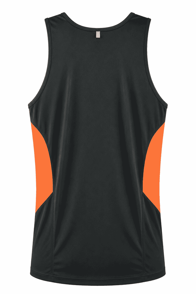 A black men's singlet with orange side panels and a logo on the back. Suitable for active wear.