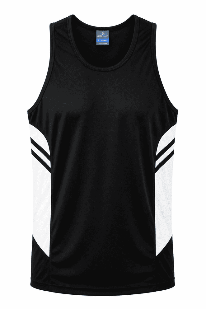A black singlet with white stripes on the sides and a logo on the upper section.