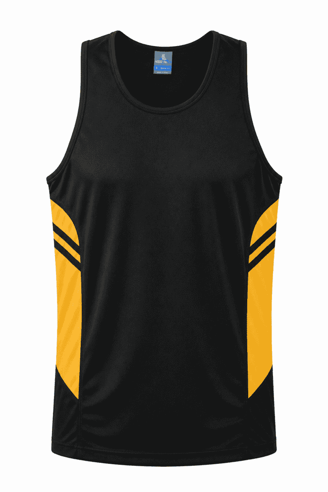 A black singlet featuring yellow side panels, with a logo on the upper left. Designed for men's wear.