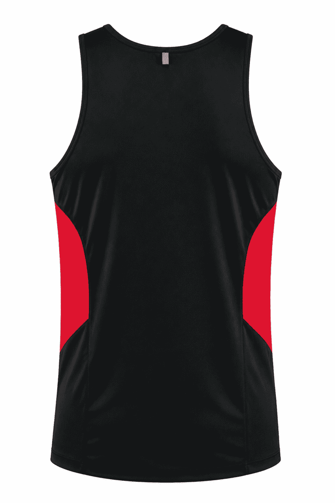 A black singlet with red side panels and a logo on the back. It features a smooth, athletic design.