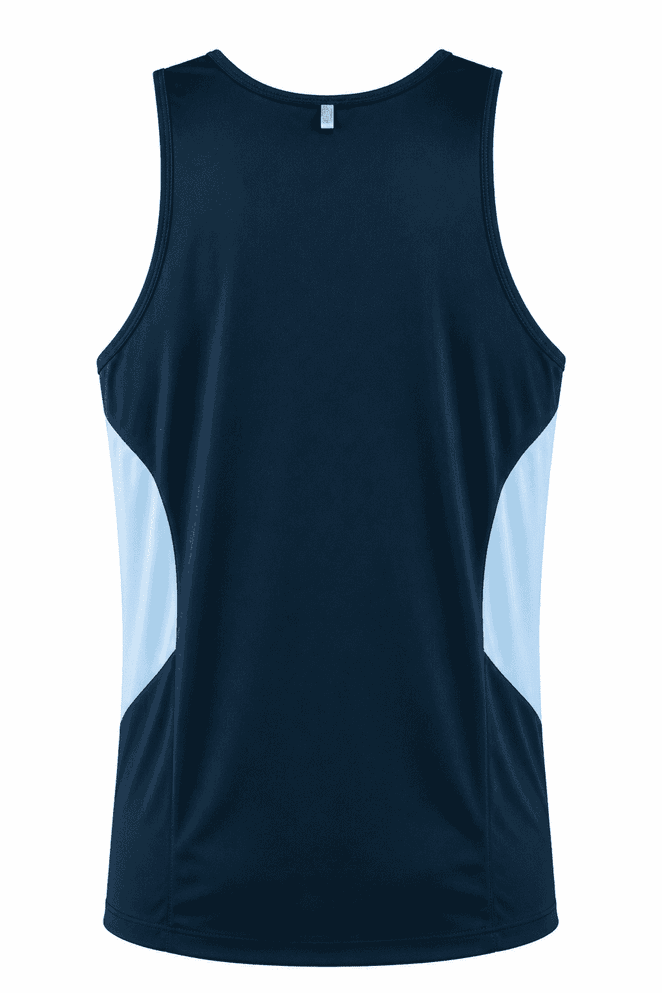 A navy singlet featuring light blue side panels and a logo. Suitable for various activities.